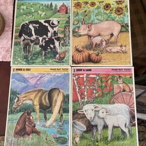 1992 Vintage Lot of 3 Frame tray PUZZLES Happy Horses Cows Sheep Lamb ANIMALS